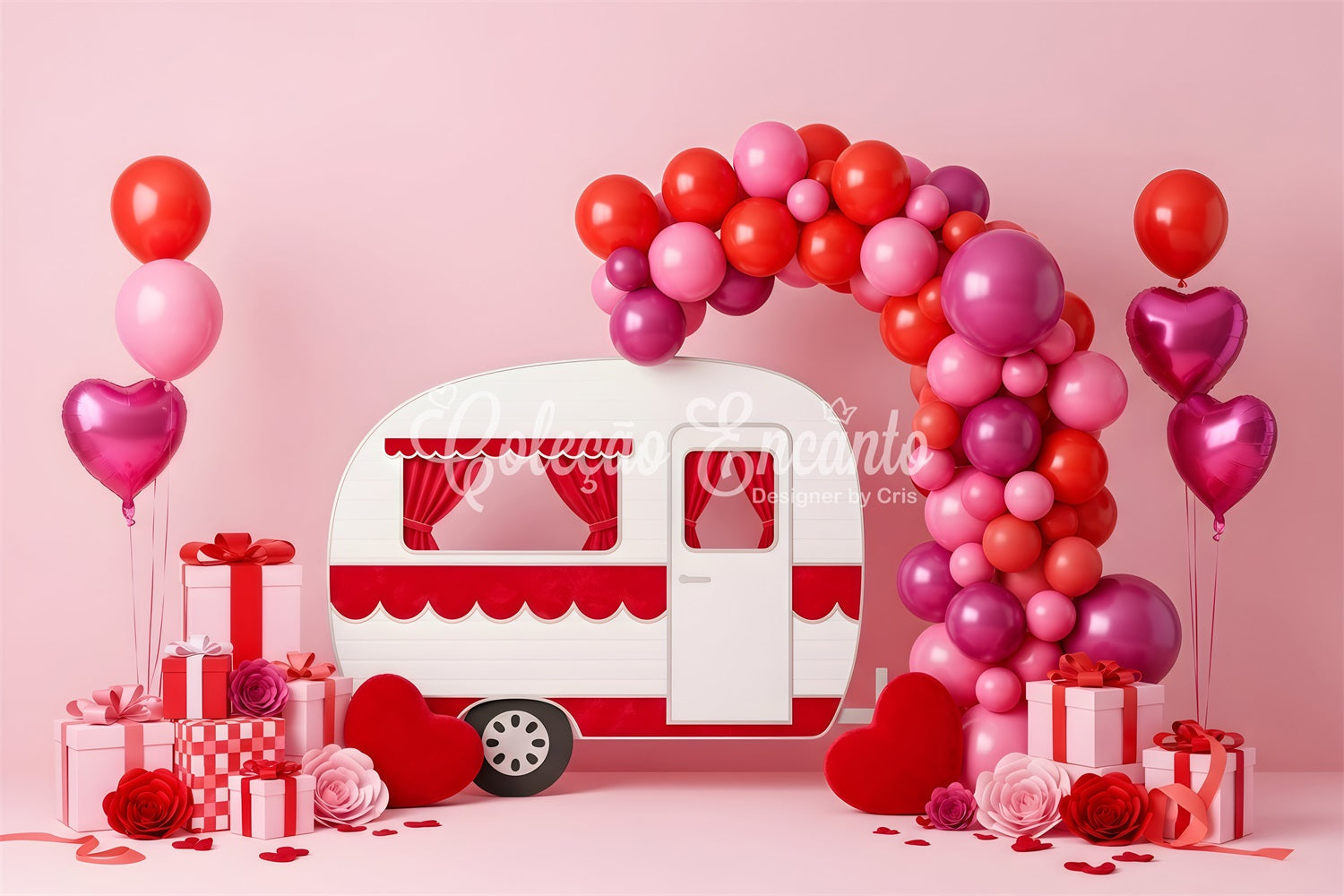 Valentinstag-Ballon-Hintergrund Rosa Wohnmobil Ballonbogen Valentinstag-Hintergrund Von Magali