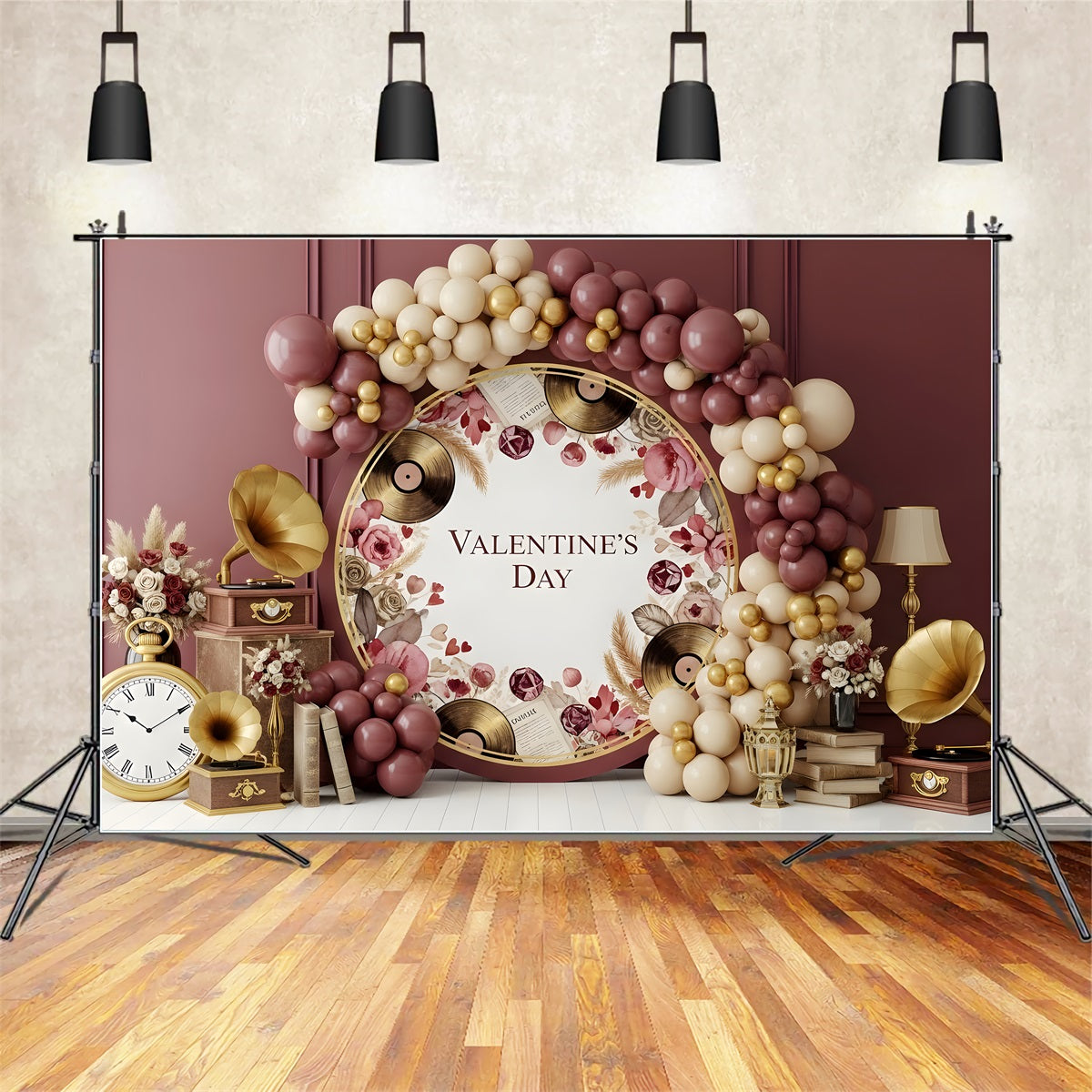 Valentinstag-Hintergrund Vintage-Schallplatten Rosenarrangement Hintergründe zum Valentinstag von Magali