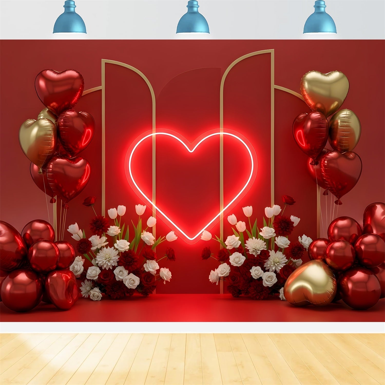 Valentinstag-Hintergründe Neon-Herzballons Blumen-Valentinstag-Hintergrund von Magali