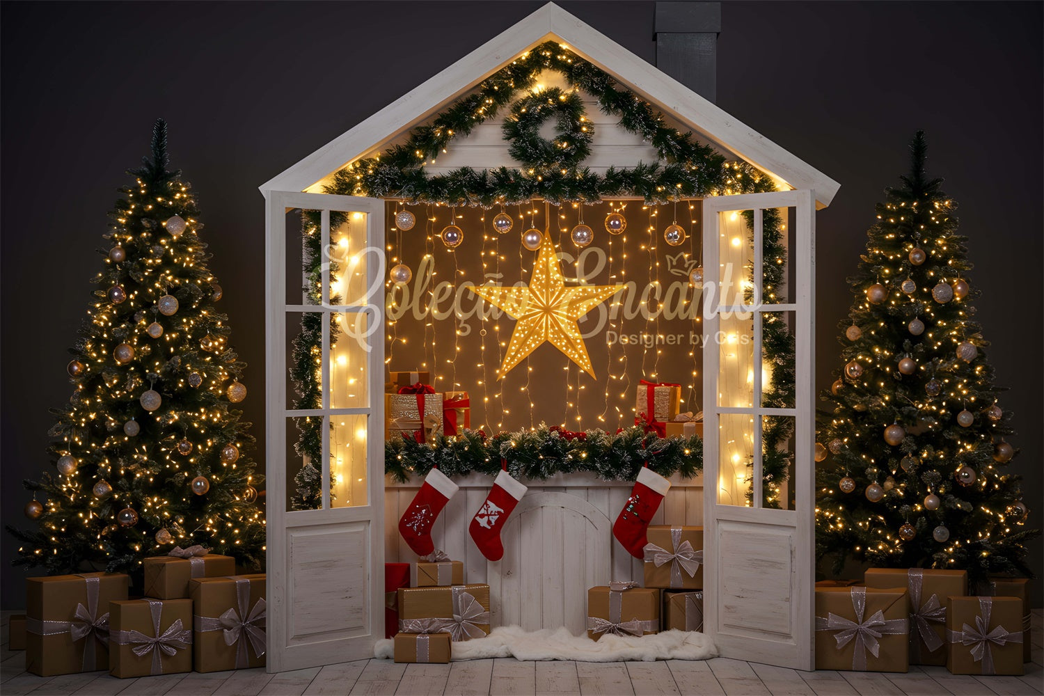 Weihnachten Backdrop Ideen Gemütliche Hütte Glühende Sterne Backdrop CEM5-16