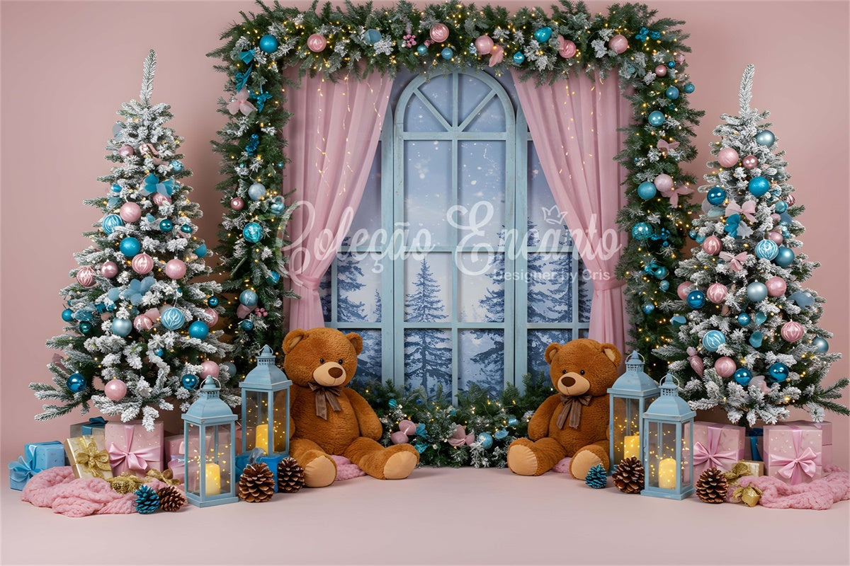 Professionelle Weihnachts-Hintergrundbilder Teddybären Fenster-Szene Hintergrund CEM5-17