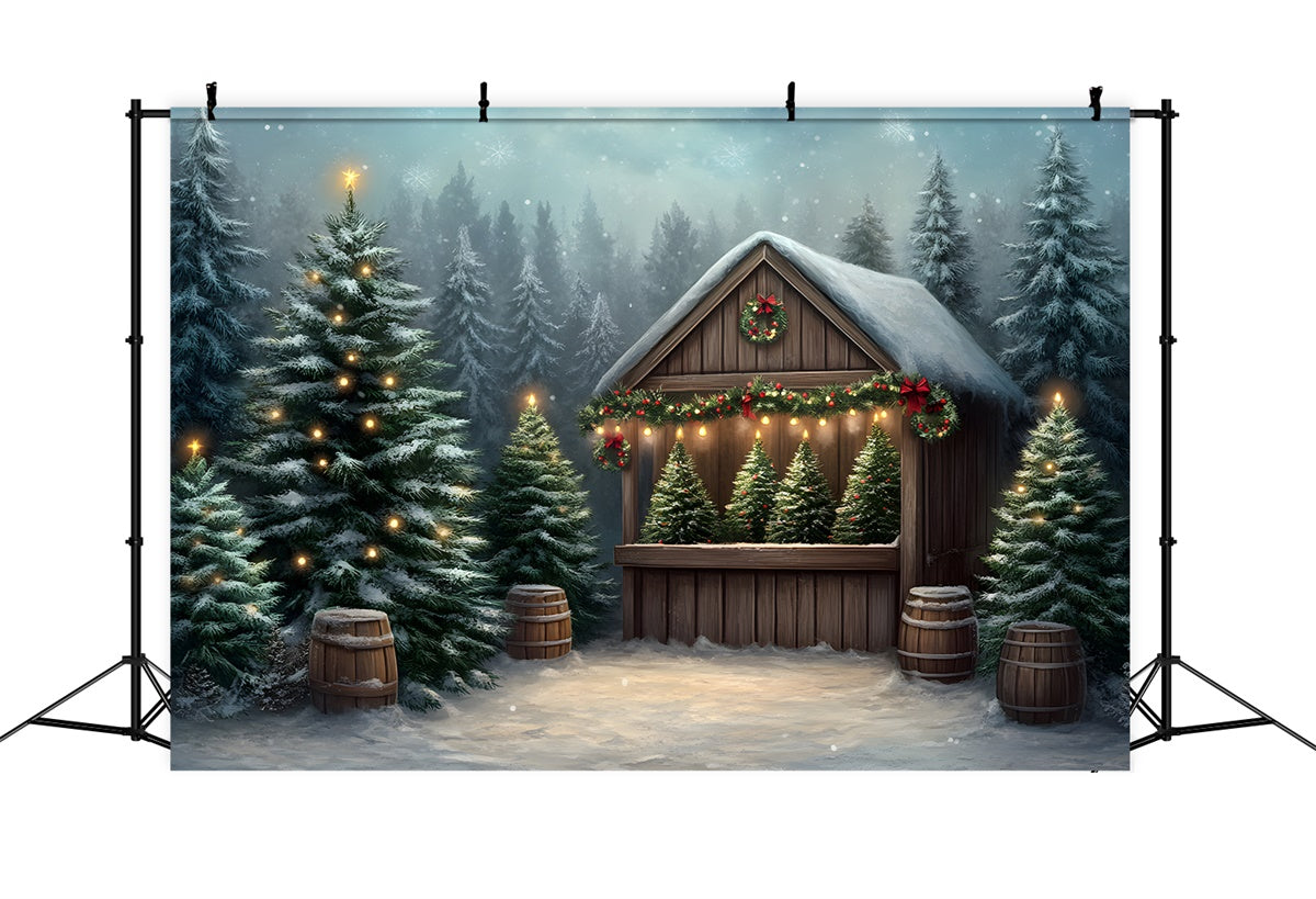 Weihnachten Fotokulisse Frosted Trees Wooden House Backdrop CEM5-20