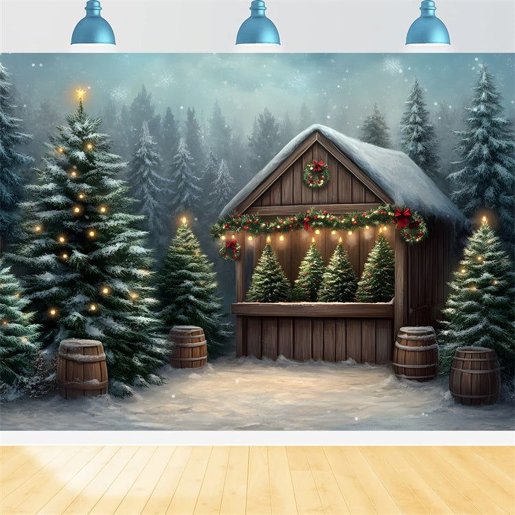 Weihnachten Fotokulisse Frosted Trees Wooden House Backdrop CEM5-20