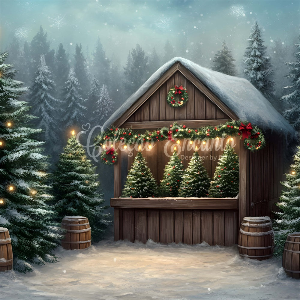 Weihnachten Fotokulisse Frosted Trees Wooden House Backdrop CEM5-20