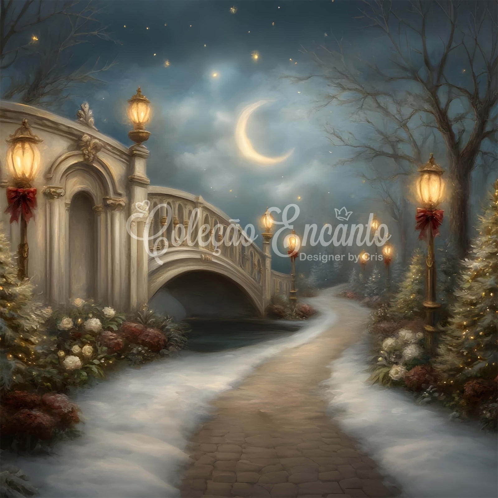 Weihnachten Backdrops Urlaub Brücke Laterne Mond Backdrop CEM5-21