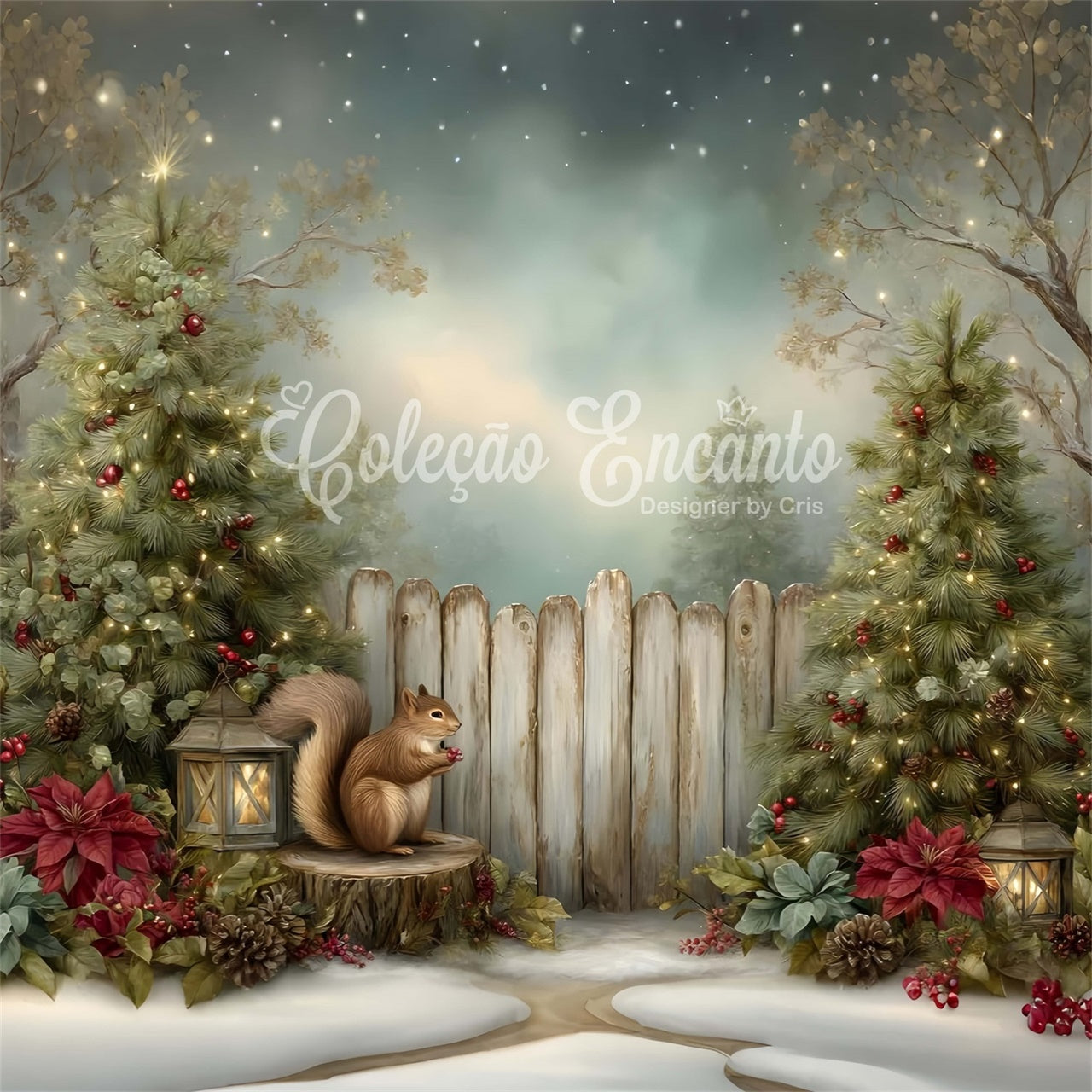 Weihnachten Fotokulissen Eichhörnchen Tannenbaum Zaun Kulisse CEM5-27