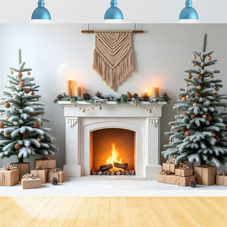 Weihnachts-Kamin-Hintergrundkulisse Rustikale Tannenzapfen-Kamin-Hintergrundkulisse CEM5-68
