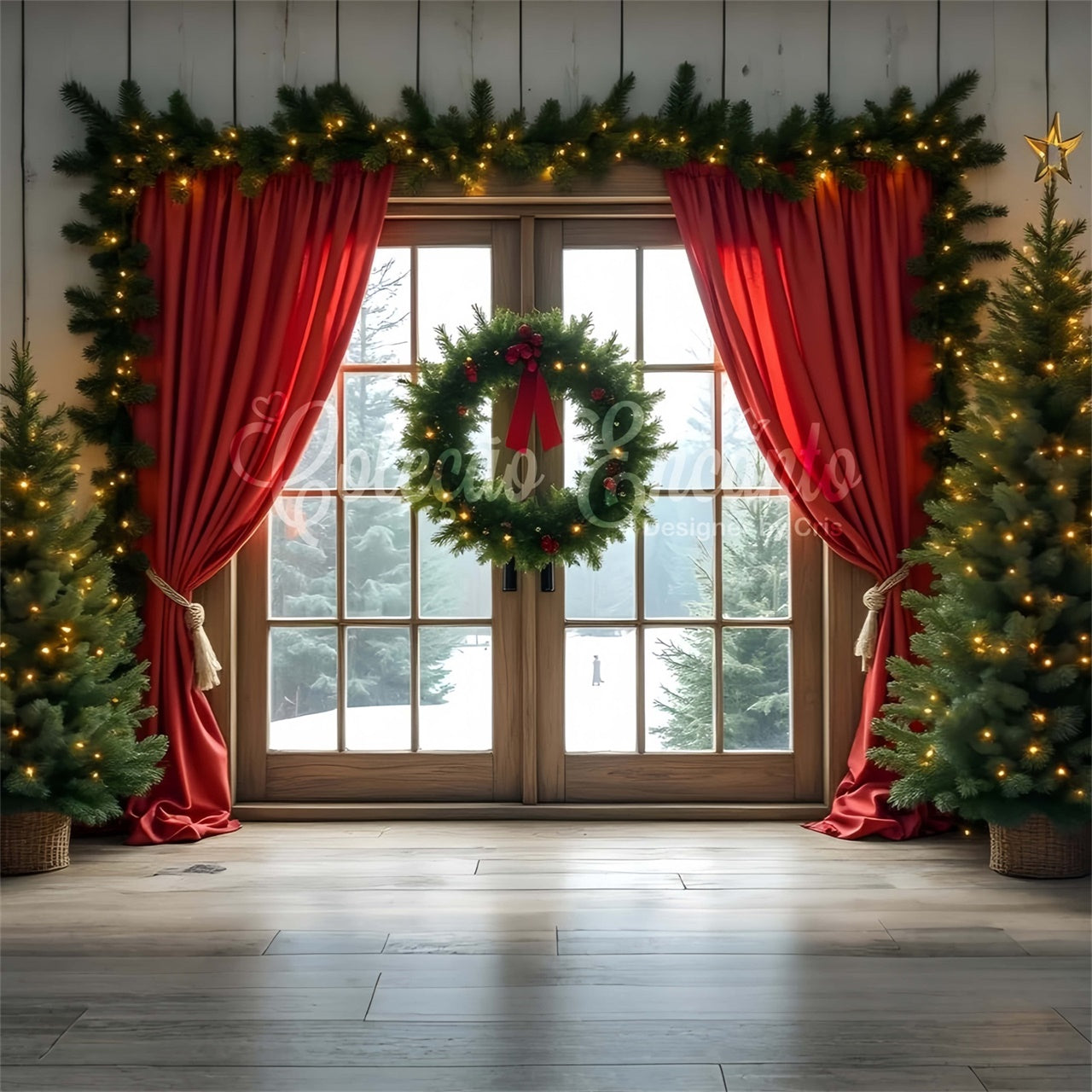 Weihnachten Fotografie Backdrops Roter Vorhang Fenster Backdrop CEM5-93
