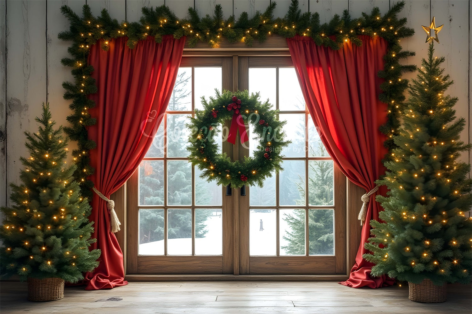Weihnachten Fotografie Backdrops Roter Vorhang Fenster Backdrop CEM5-93