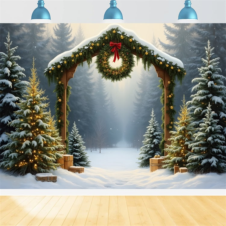 Weihnachten Backdrops Verschneiter Wald Bogen Kranz Backdrop CEM5-96