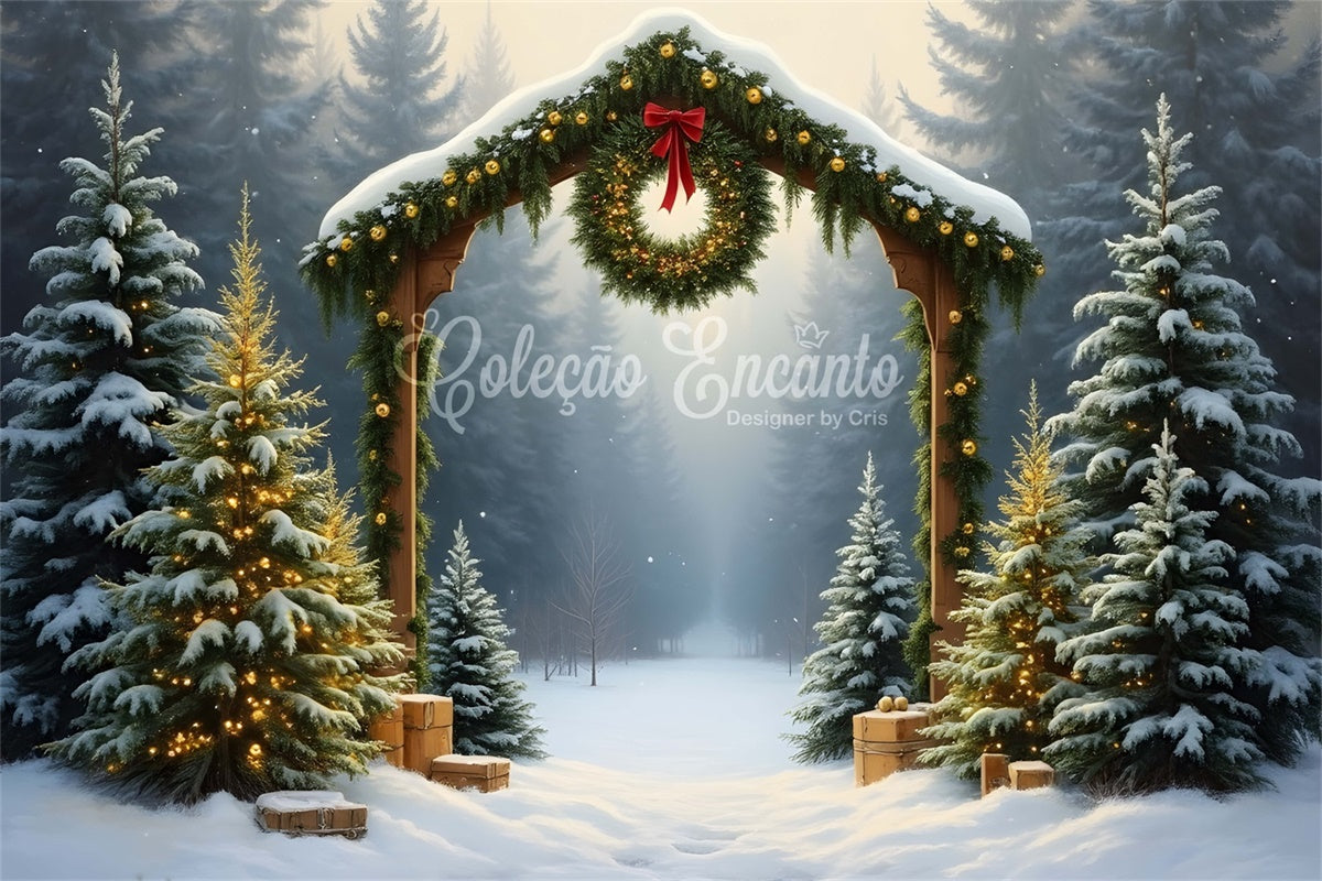 Weihnachten Backdrops Verschneiter Wald Bogen Kranz Backdrop CEM5-96