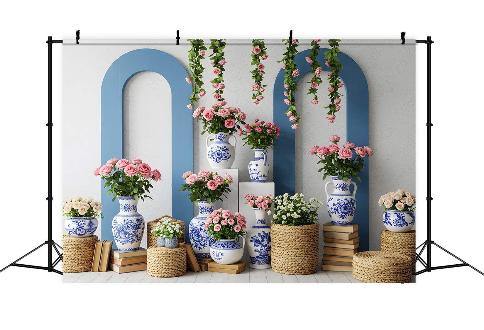 Muttertag-Fotoshooting-Hintergrund Blau-weiße Vase Blumen-Muttertag-Fotohintergrund von Magali