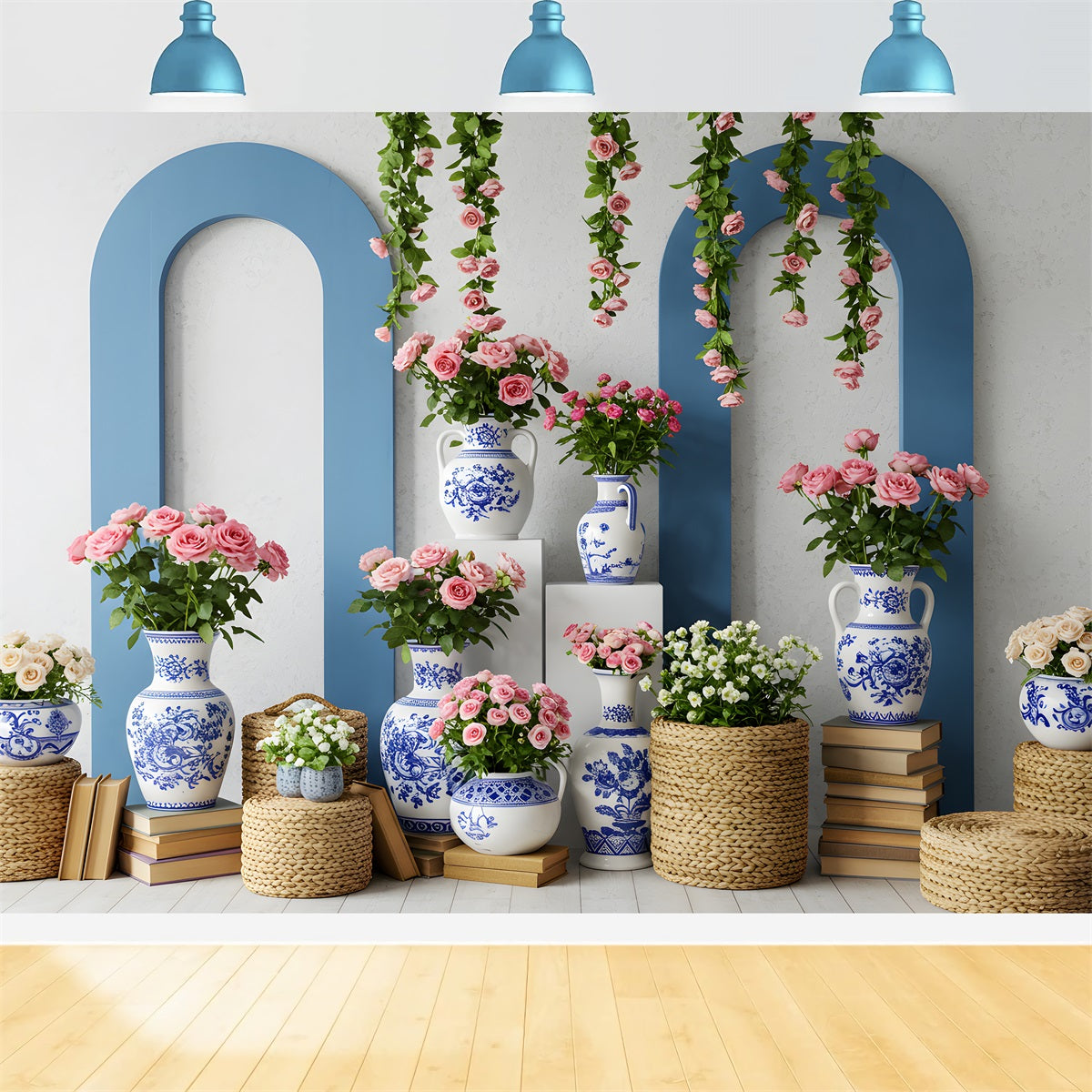 Muttertag-Fotoshooting-Hintergrund Blau-weiße Vase Blumen-Muttertag-Fotohintergrund von Magali