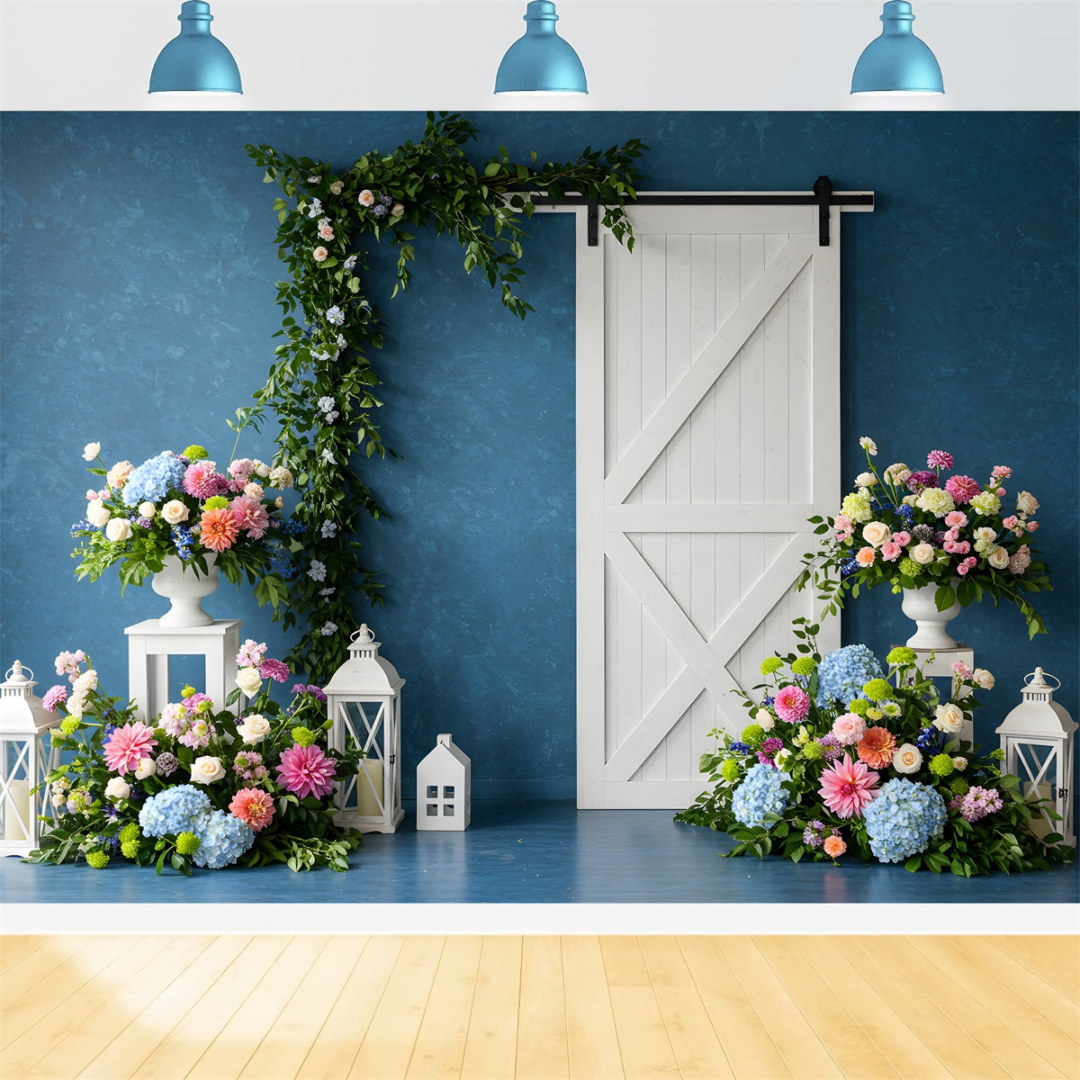 Muttertag-Fotokabinenhintergrund Blaue Wand Weiße Tür Blumenhintergrund für den Muttertag von Magali