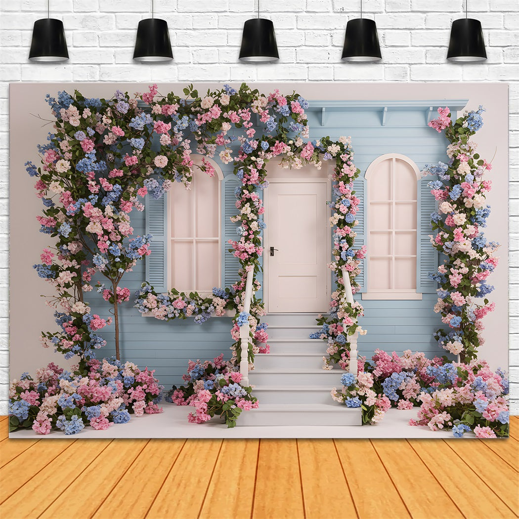 Fotohintergrund für den Muttertag Blaues Blumenhaus Muttertag-Fotoshooting-Hintergrund Von Magali