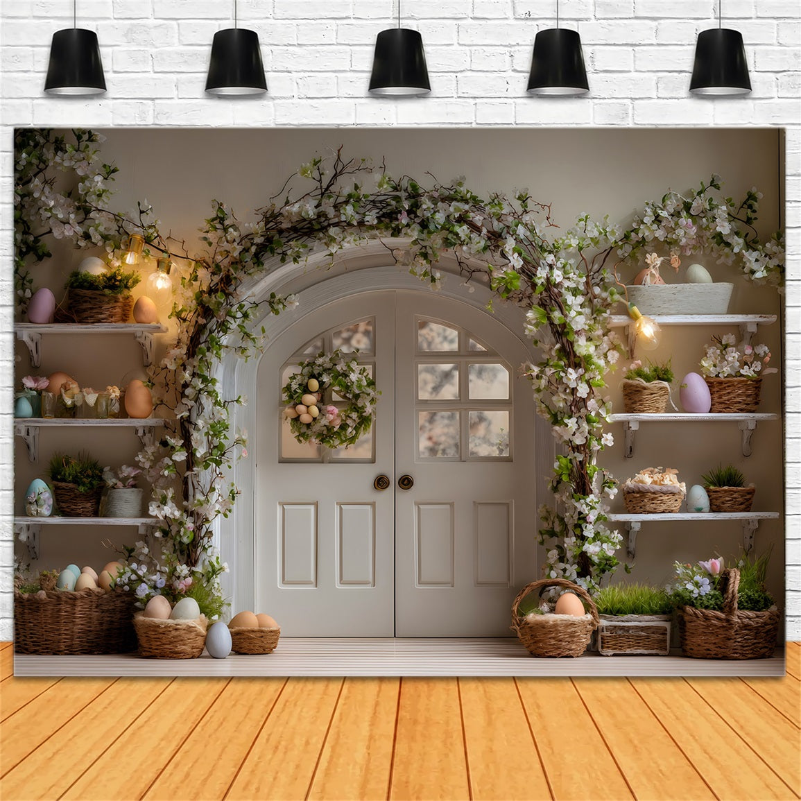 Osterkranz-Tür-Hintergrund Eier Blumenregale Frohe Ostern-Hintergrund von Magali