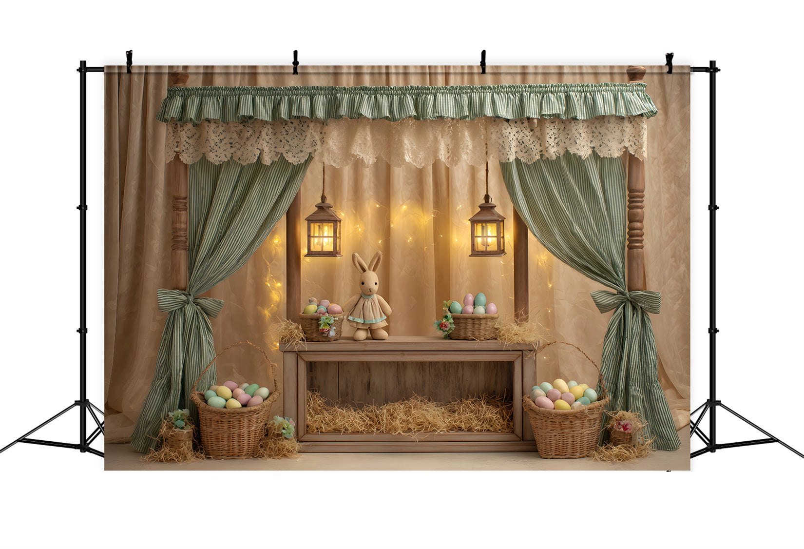 Oster-Hintergrund mit niedlichem Baldachin Hasen-Eierkörbchen Oster-Bildhintergrund von Magali