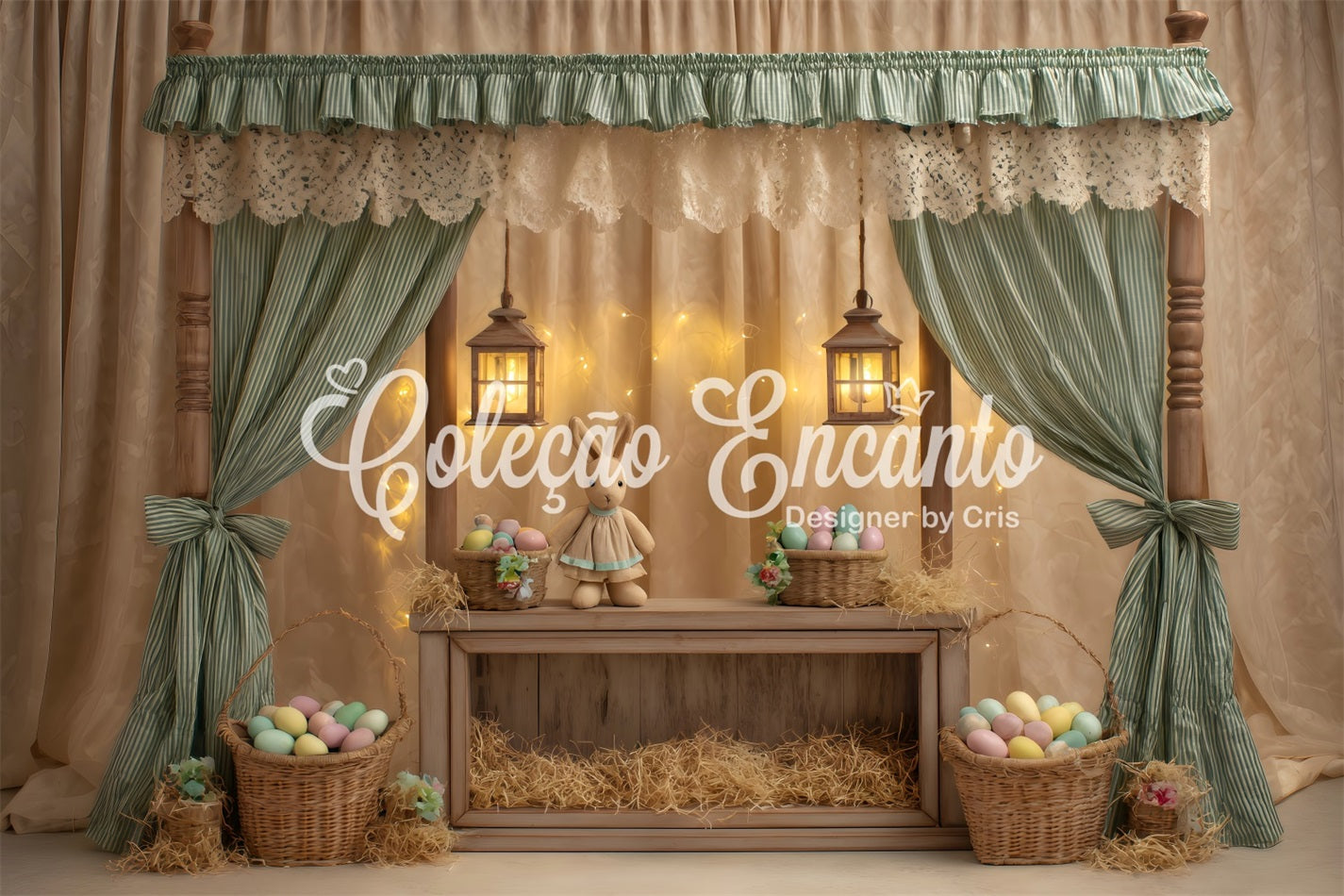 Oster-Hintergrund mit niedlichem Baldachin Hasen-Eierkörbchen Oster-Bildhintergrund von Magali