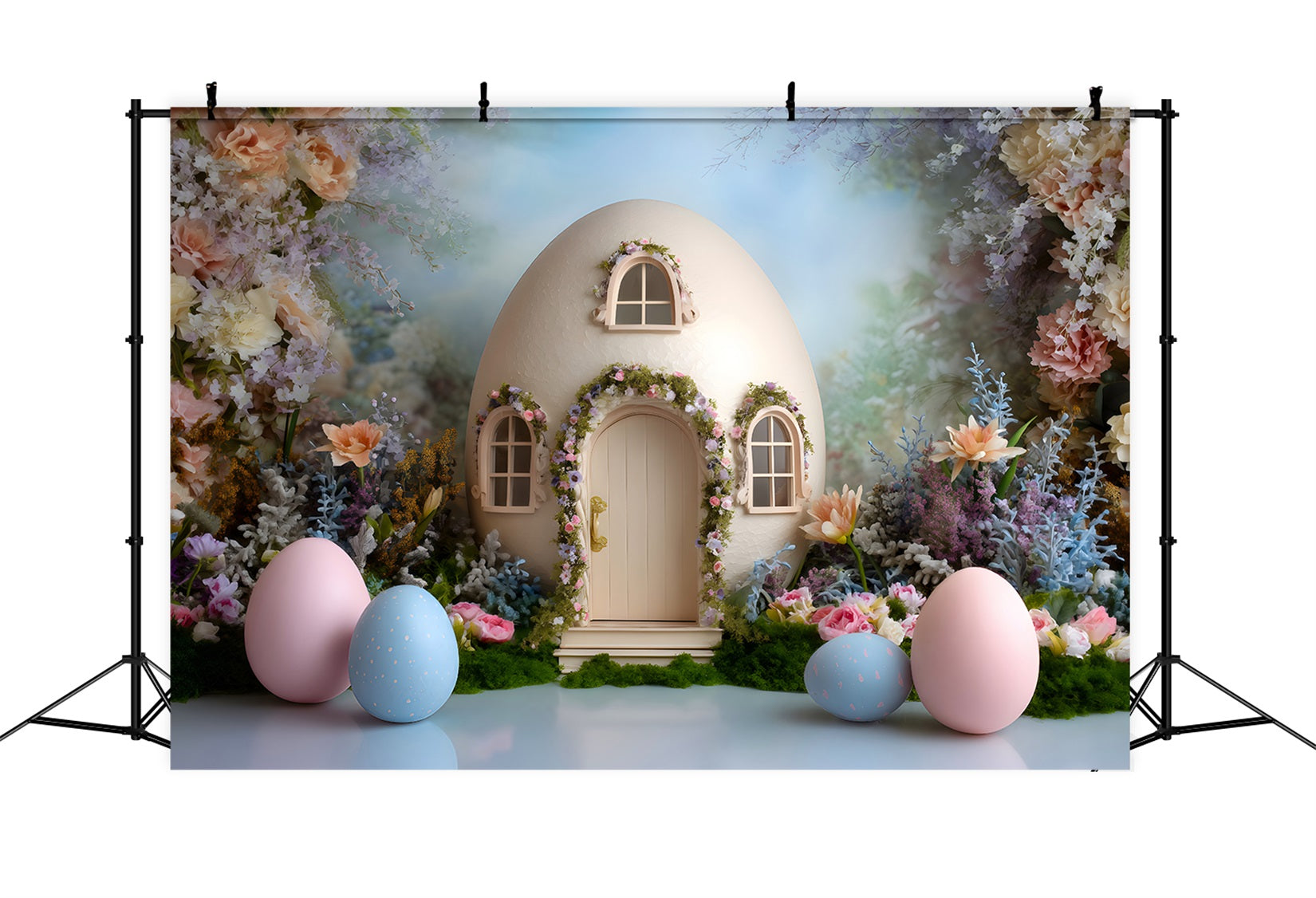 Eier-Hintergrund Eierhaus Pastellblüten Oster-Fotografie-Hintergründe zu verkaufen von Magali