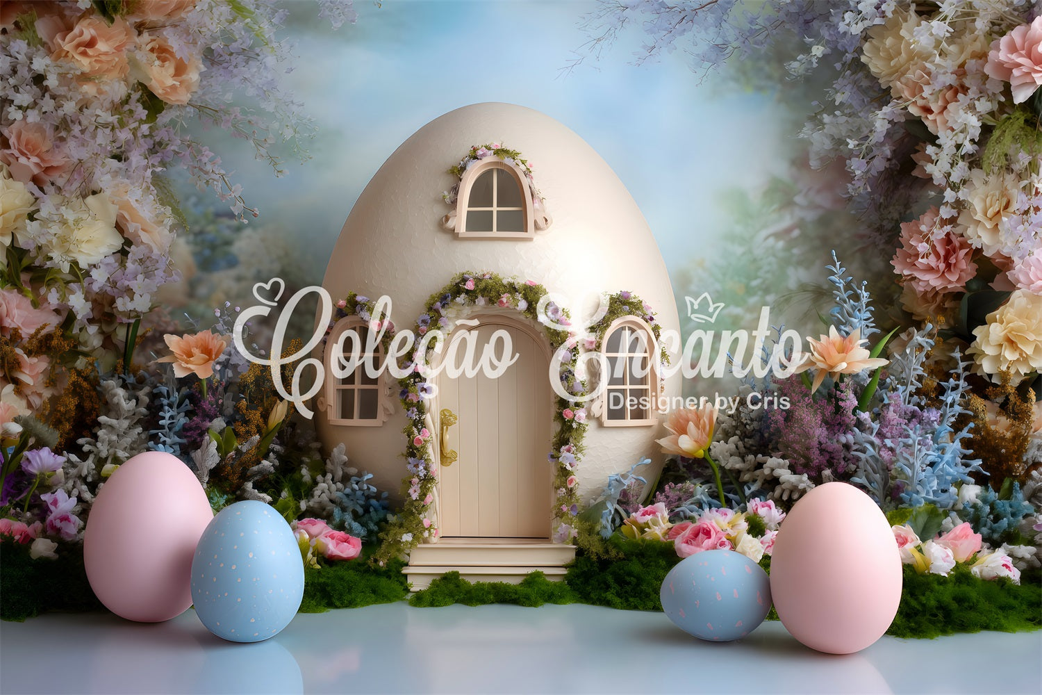 Eier-Hintergrund Eierhaus Pastellblüten Oster-Fotografie-Hintergründe zu verkaufen von Magali