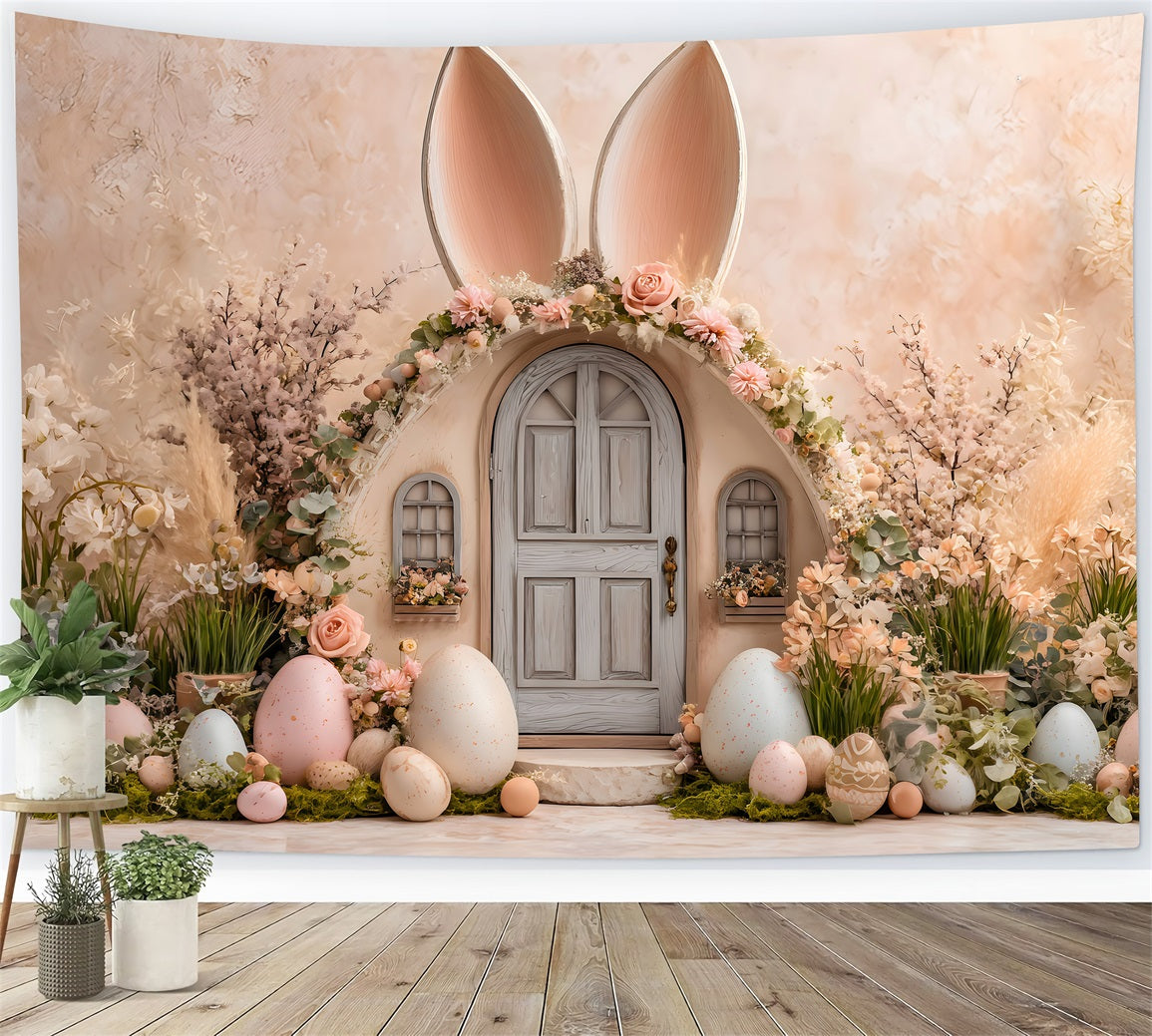 Oster-Hintergrund mit niedlichen Ohren Tür Pastellfarbene Eier Hintergrund für Osterbilder Von Magali