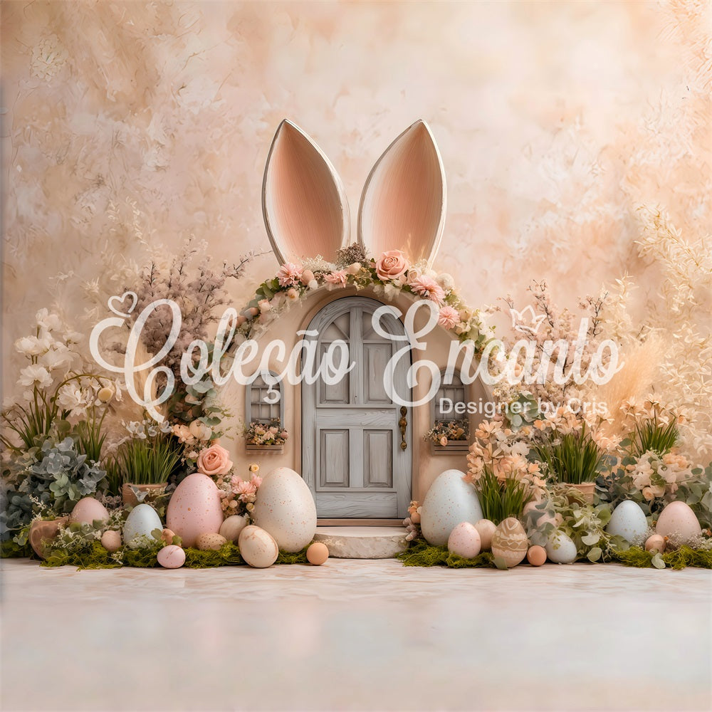 Oster-Hintergrund mit niedlichen Ohren Tür Pastellfarbene Eier Hintergrund für Osterbilder Von Magali