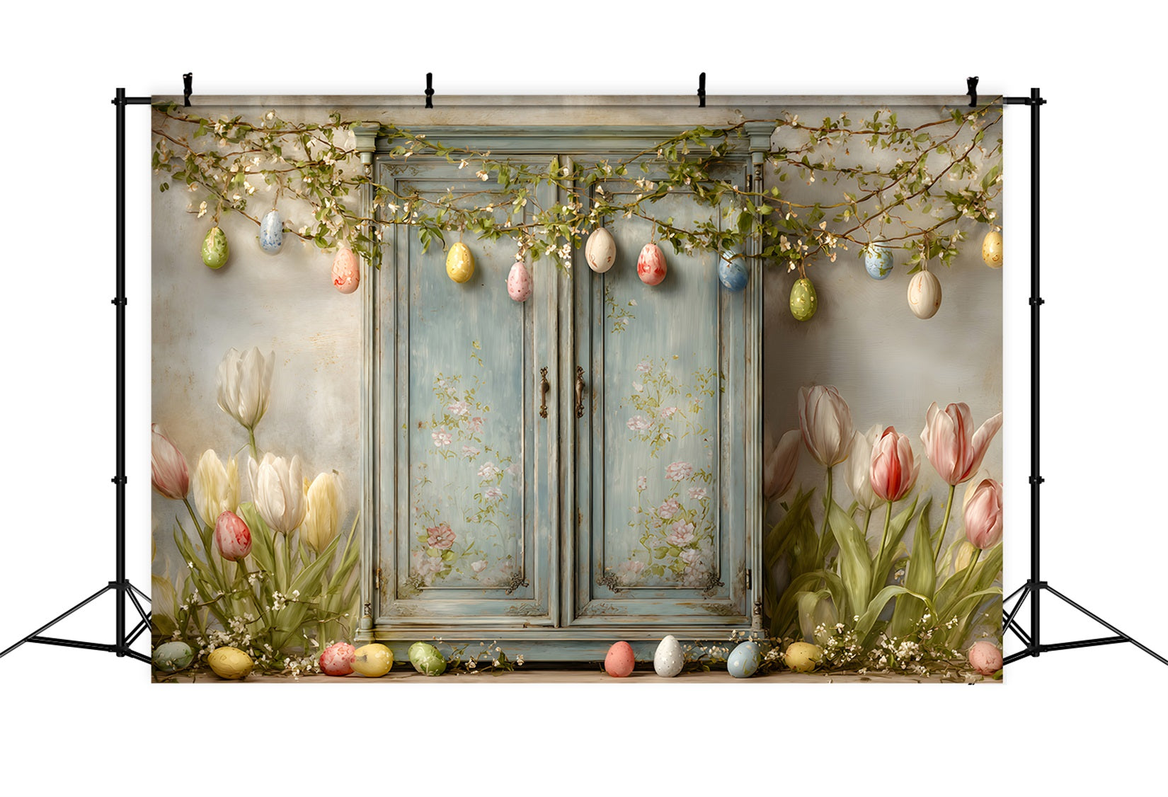 Oster-Vintage-Blumenhintergrund Blaue Tür Tulpen Eier Einfacher Osterhintergrund Von Magali