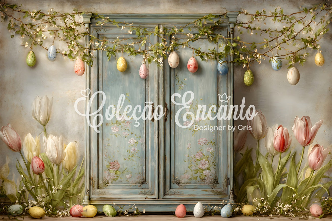 Oster-Vintage-Blumenhintergrund Blaue Tür Tulpen Eier Einfacher Osterhintergrund Von Magali