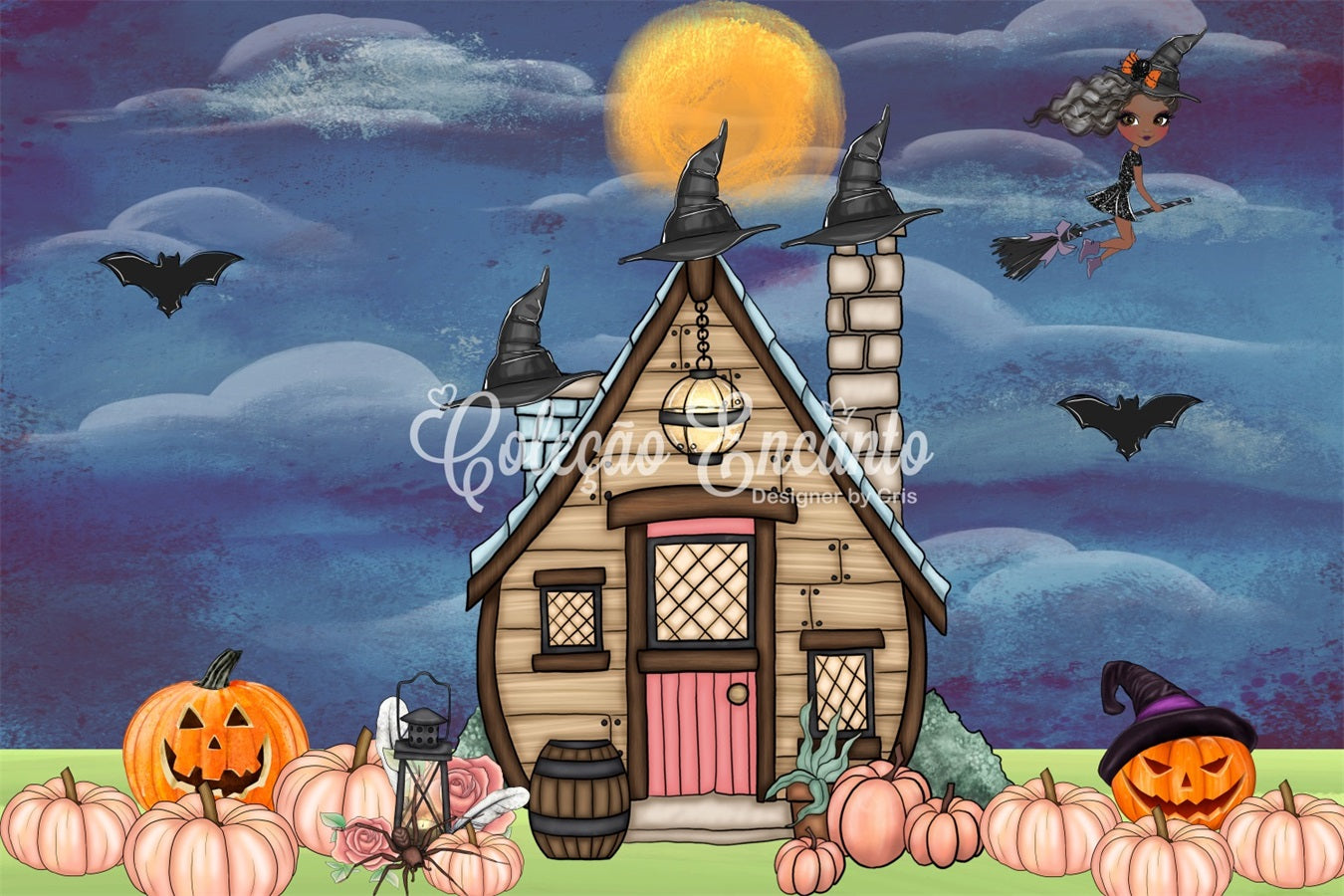 Neugeborenen-Fotografie-Hintergründe Hexenhut Cottage Kürbis Halloween-Hintergrund für Kinder Von Magali