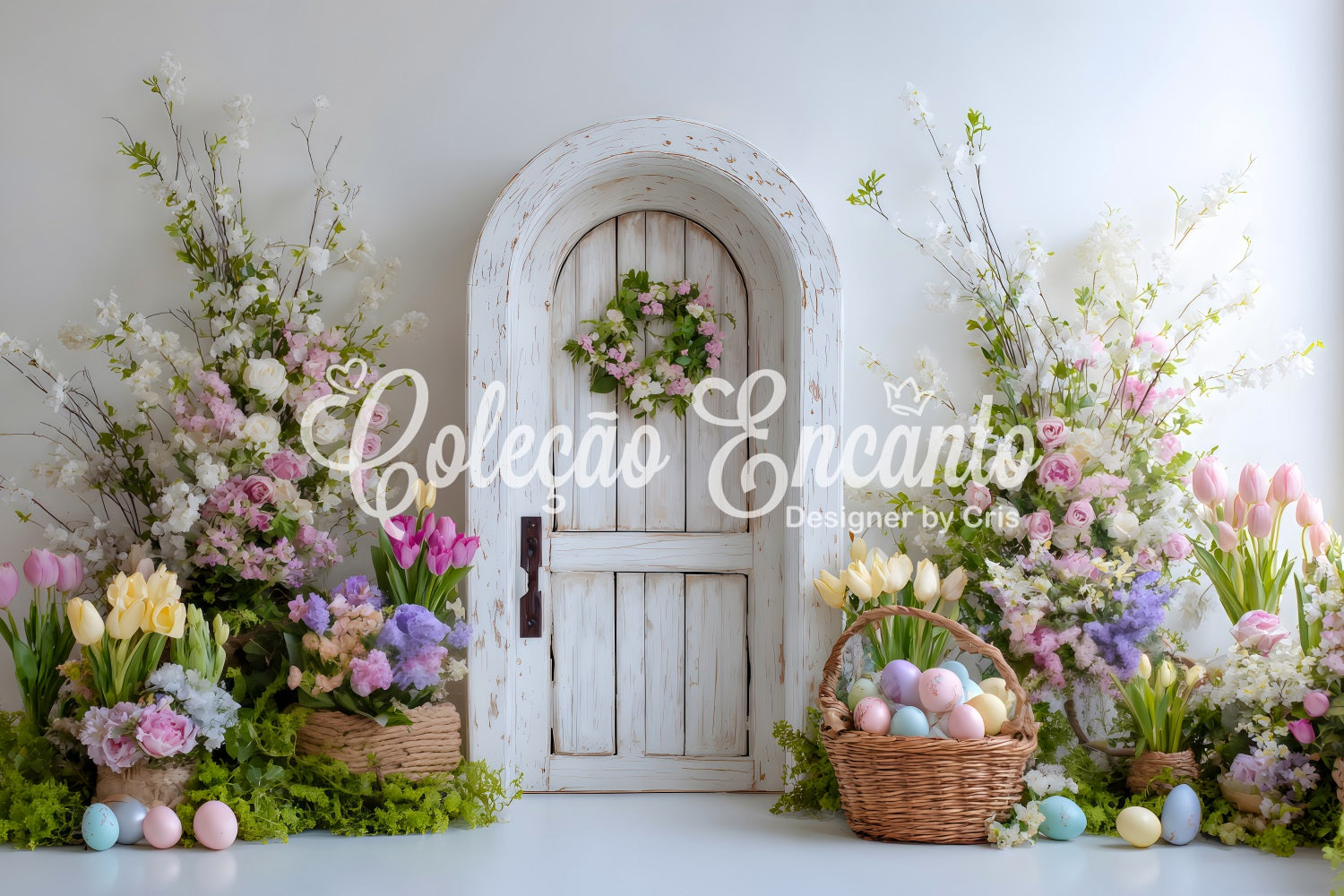 Oster-Frühlingshintergrund Kranz Tür Eierkorb Osterparty-Hintergrund Von Magali