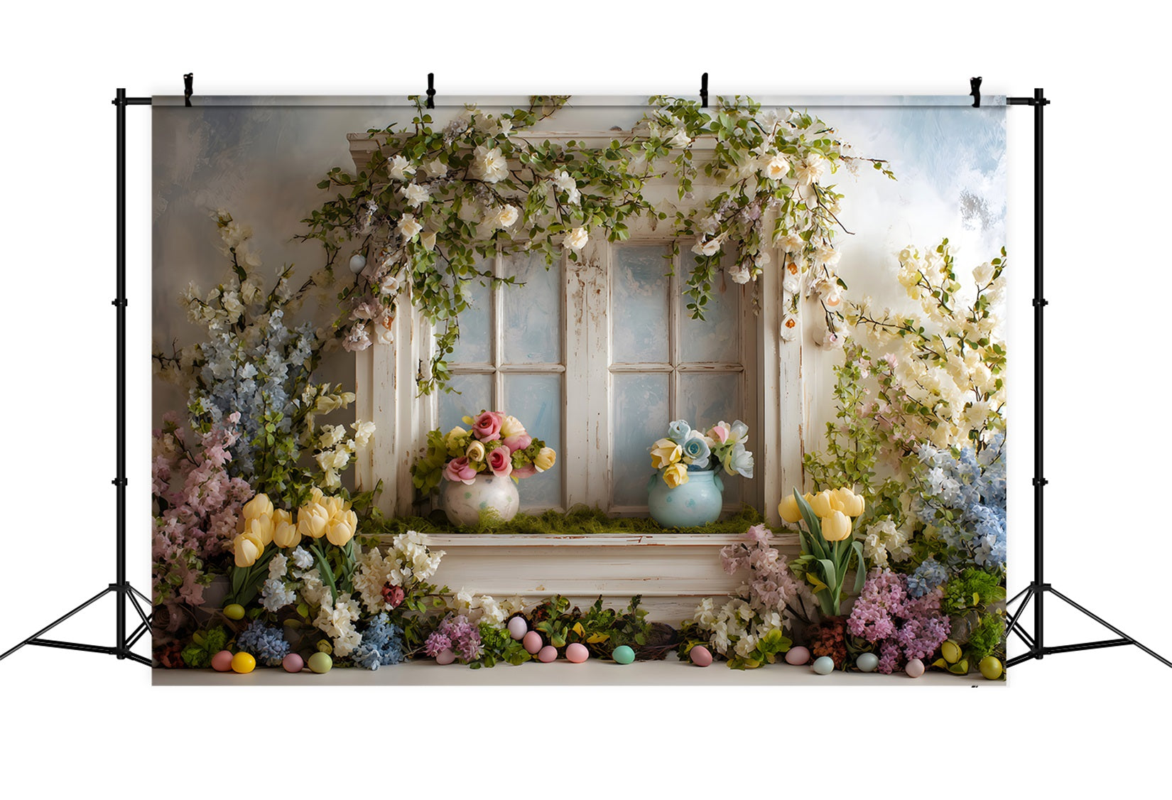 Oster-Cottage-Garten-Hintergrund Fenster Blumen Pastell Eier Fotohintergründe Ostern Von Magali