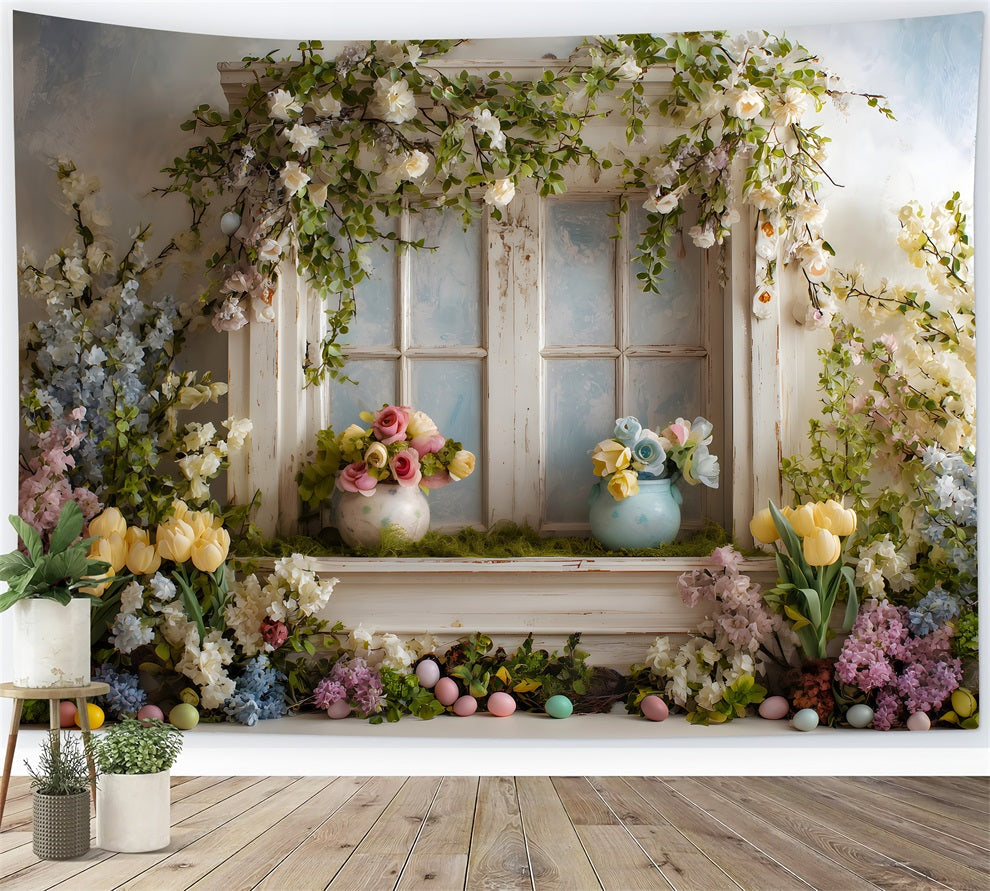 Oster-Cottage-Garten-Hintergrund Fenster Blumen Pastell Eier Fotohintergründe Ostern Von Magali