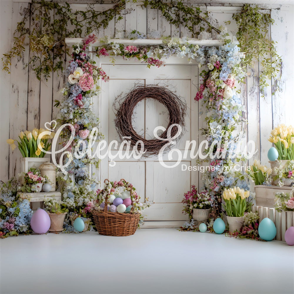 Ostern Frühling Blumenkranz Hintergrund Blumige Tür Eierkorb Frohe Ostern Hintergründe von Magali
