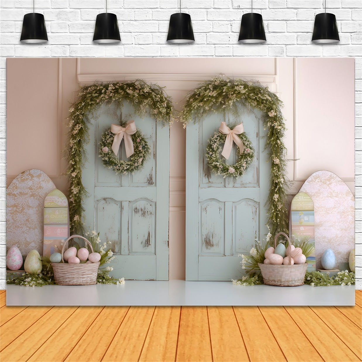 Frohe Ostern Hintergrund Doppeltüren Eierkörbe Ostern Hintergrund Foto von Magali