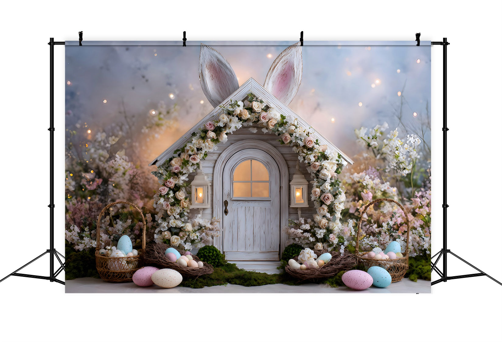 Oster-Märchen-Hintergrund Blumen-Hasen-Eier-Nester Fotografie Oster-Hintergründe von Magali