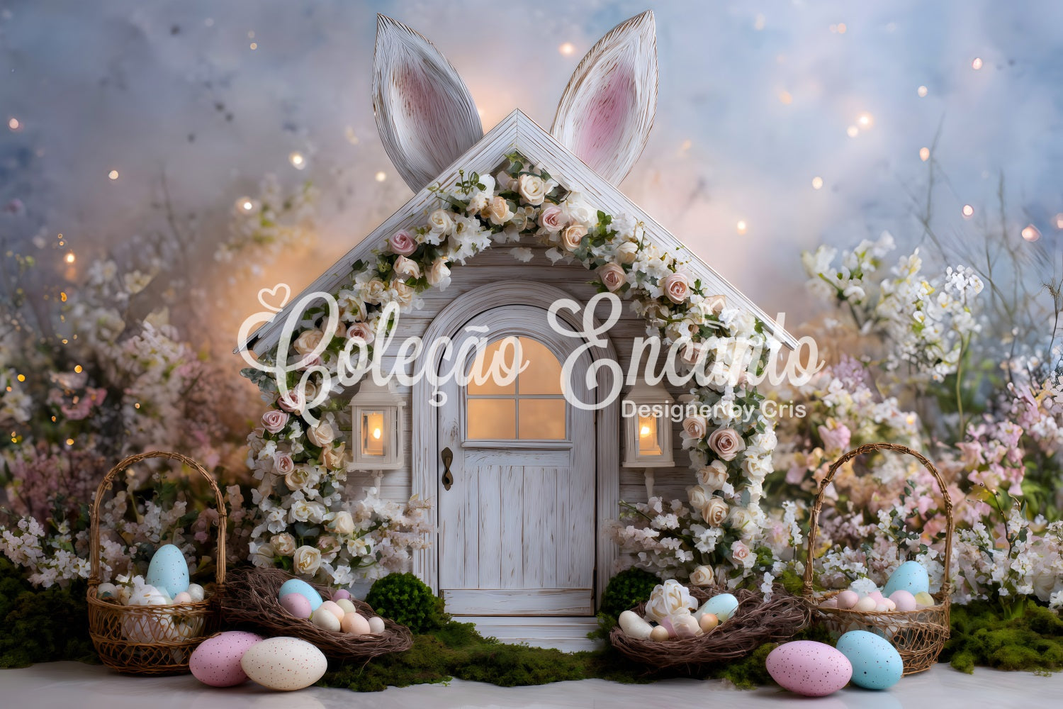 Oster-Märchen-Hintergrund Blumen-Hasen-Eier-Nester Fotografie Oster-Hintergründe von Magali