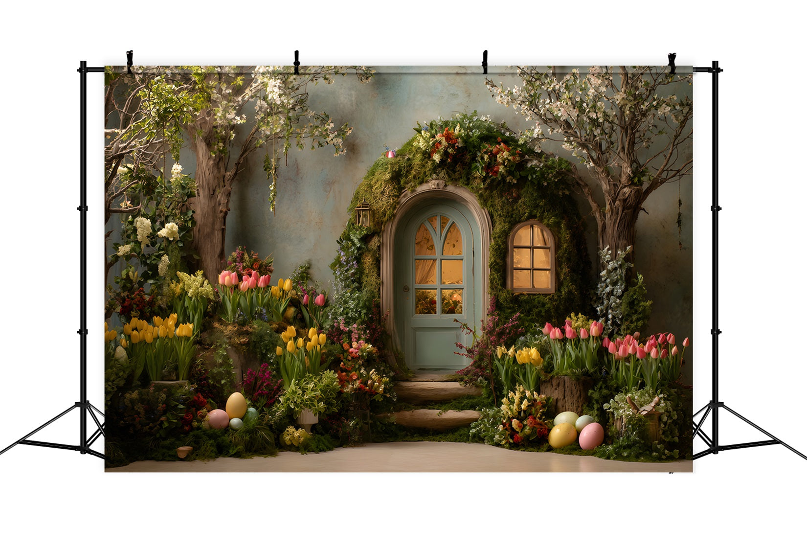 Oster-Hintergrund im rustikalen Stil Moosbewachsener Bogen Tulpen Eier Oster-Hintergründe für draußen von Magali