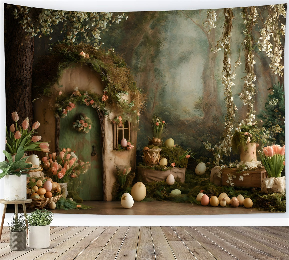 Osterkulisse mit Hasenbau Hobbit-Tür Eierkörbe Ideen für Osterkulissen im Freien von Magali