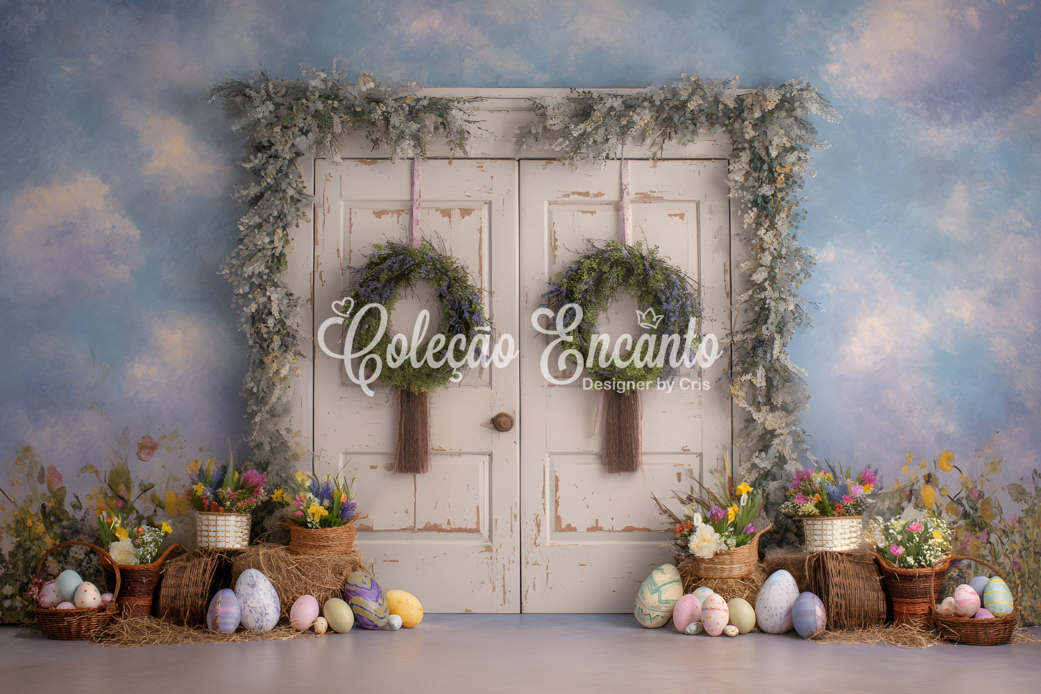 Osterkulisse im Vintage-Stil mit Blumen Landhausstil Tür Eierauslage Osterkulisse von Magali