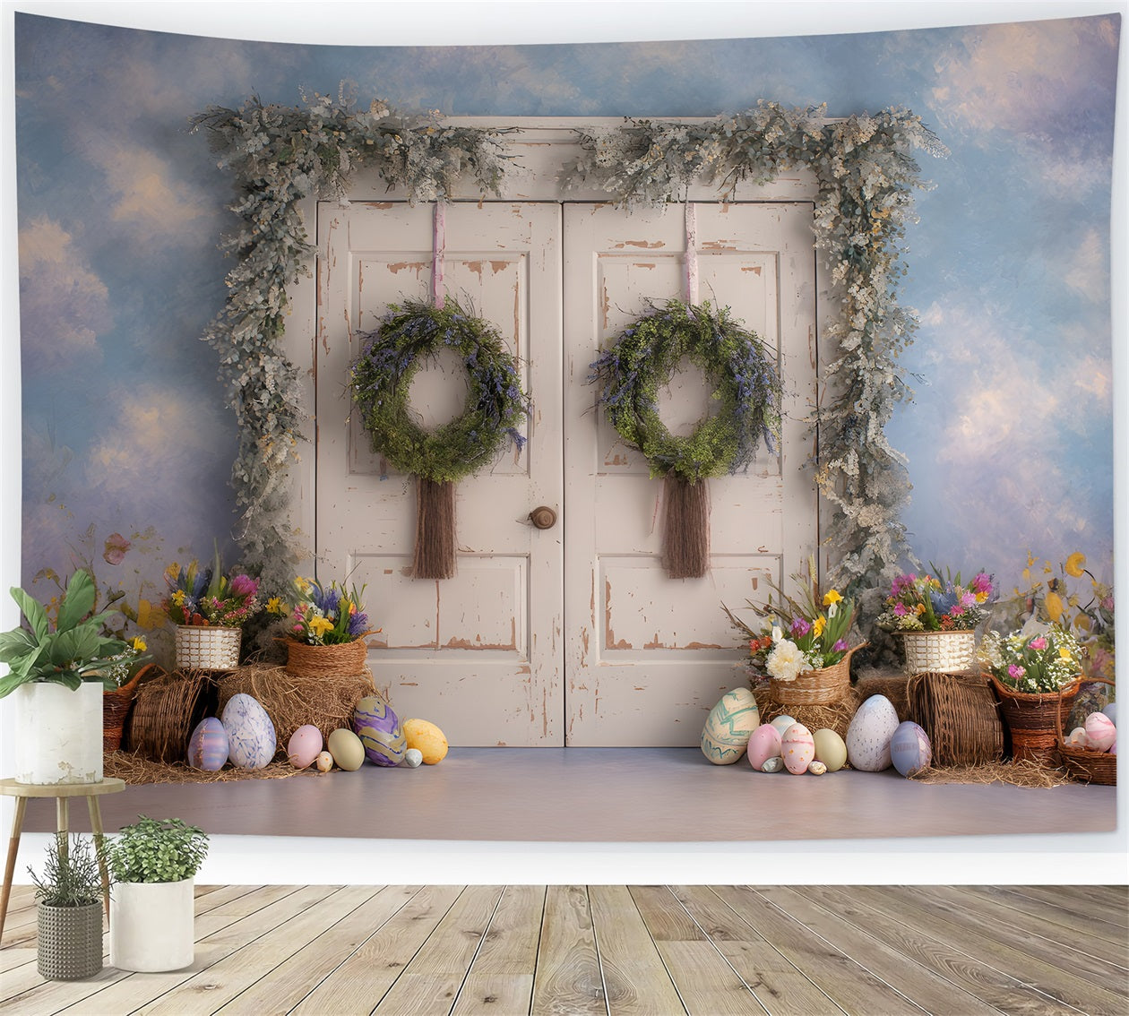 Osterkulisse im Vintage-Stil mit Blumen Landhausstil Tür Eierauslage Osterkulisse von Magali