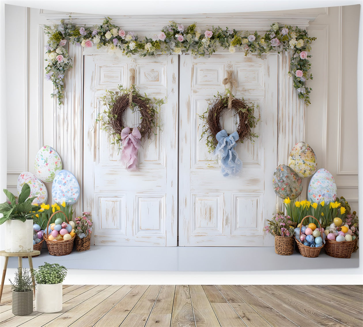 Osterkulisse „Frohe Ostern“ Shabby Chic Tür Eierkörbe Oster-Fotokulisse von Magali