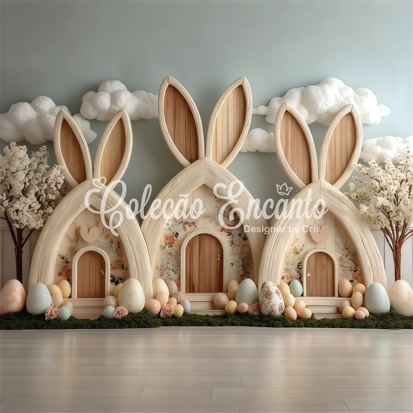 Hintergrund für Eiersuche Pastellfarbenes Häuschen im Dorf Osterhintergrund-Fotografie von Magali