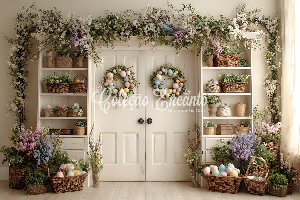 Oster-Frühlingsblumen-Kranz-Hintergrund Schrank-Eierkränze Oster-Bildhintergründe von Magali