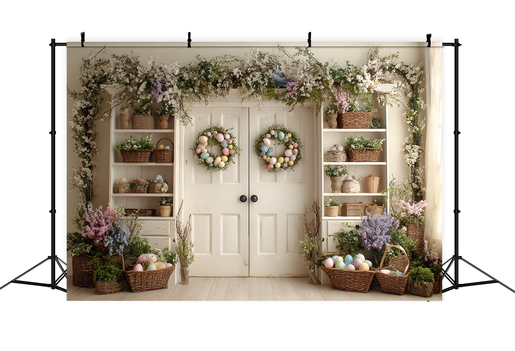 Oster-Frühlingsblumen-Kranz-Hintergrund Schrank-Eierkränze Oster-Bildhintergründe von Magali