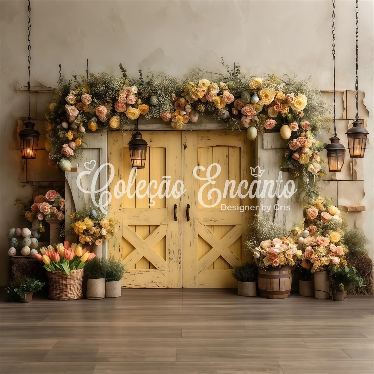 Oster-Vintage-Blumenhintergrund Vintage-gelbe Tür mit Blumen Oster-Hintergrund von Magali