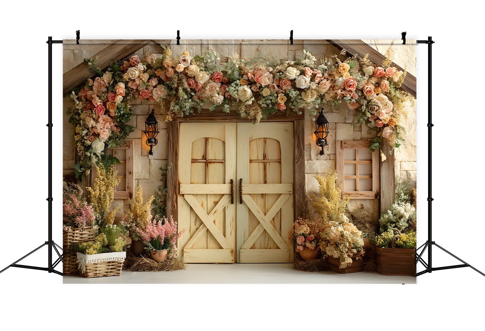 Oster-Vintage-Blumenhintergrund Steinhaus mit Blumentür Oster-Hintergründe Fotografie von Magali