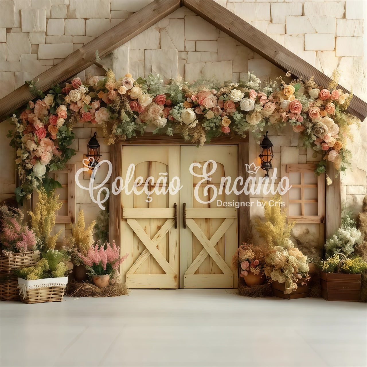 Oster-Vintage-Blumenhintergrund Steinhaus mit Blumentür Oster-Hintergründe Fotografie von Magali