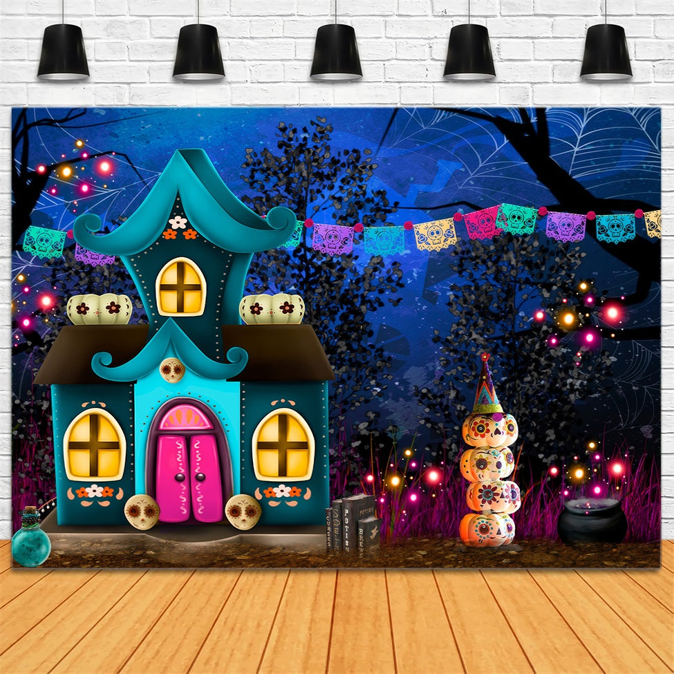 Kinder-Fotohintergründe Totenkopf-Kürbis-Fantasiehaus Kinder-Halloween-Fotohintergrund von Magali