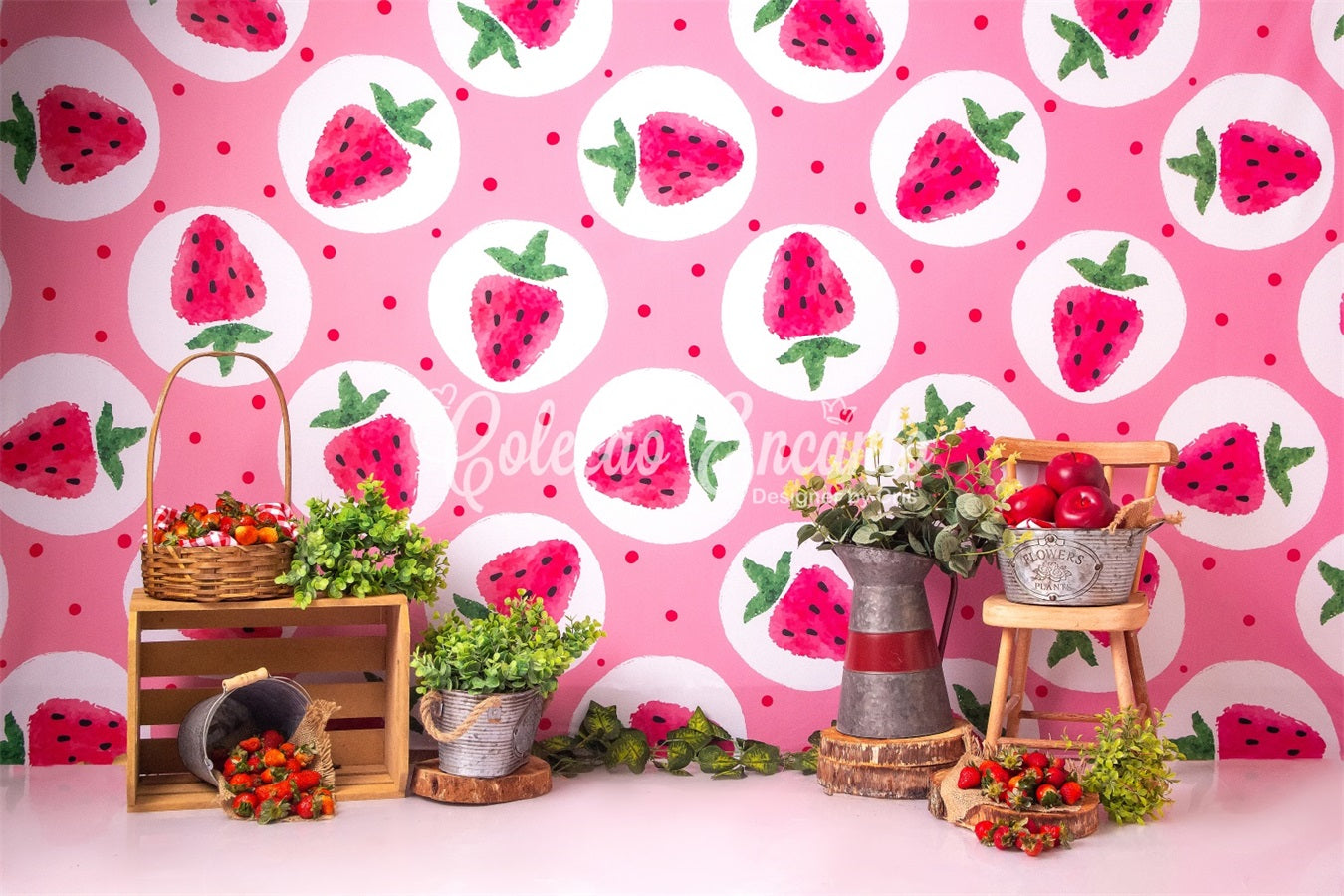 Kinderhintergründe Rosa Erdbeere Picknick Bauernhofstand Kinderfotografie-Hintergrund von Magali