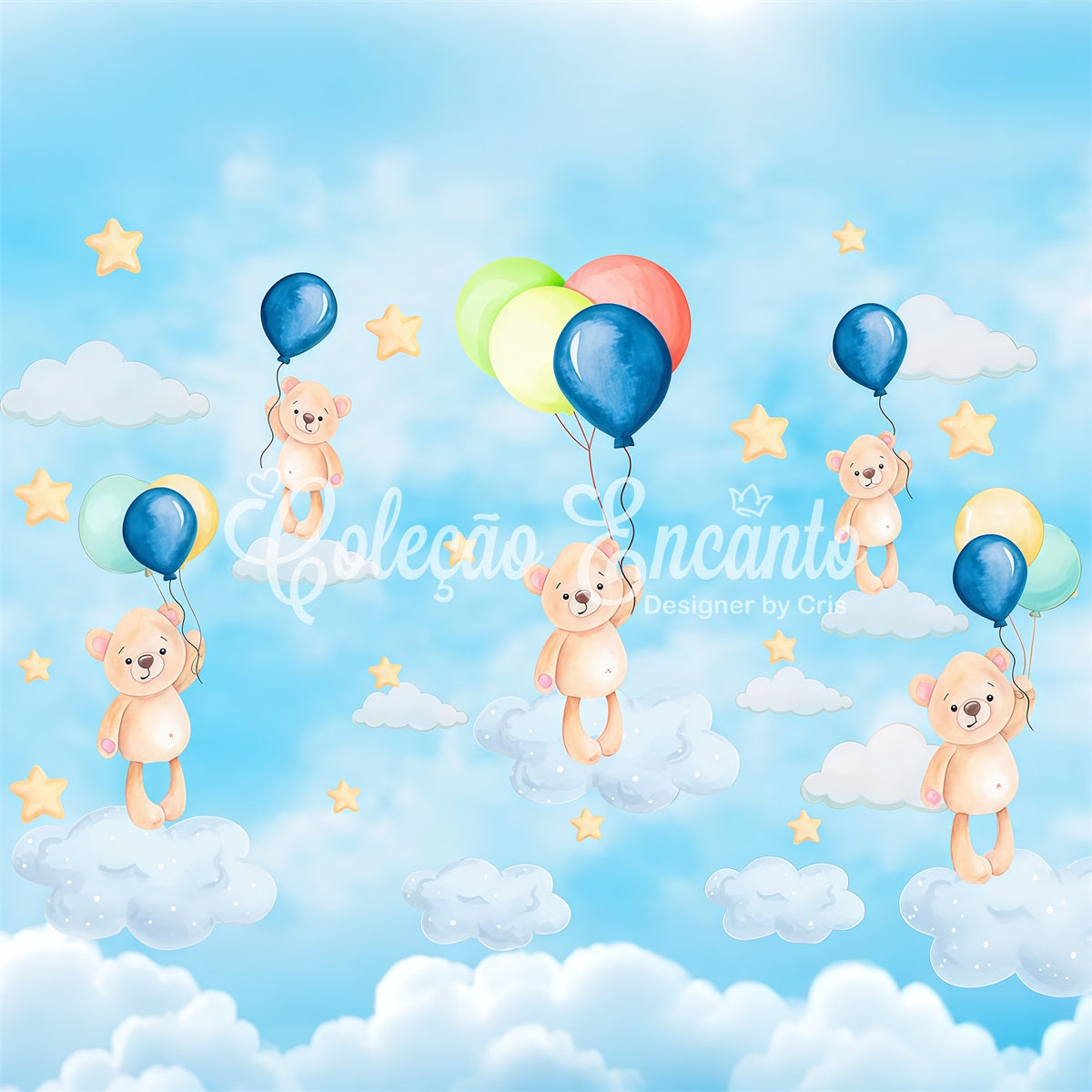 Kinder-Fotohintergrund Schwebende Teddybären-Ballons Traumhimmel-Sternenhintergrund von Magali